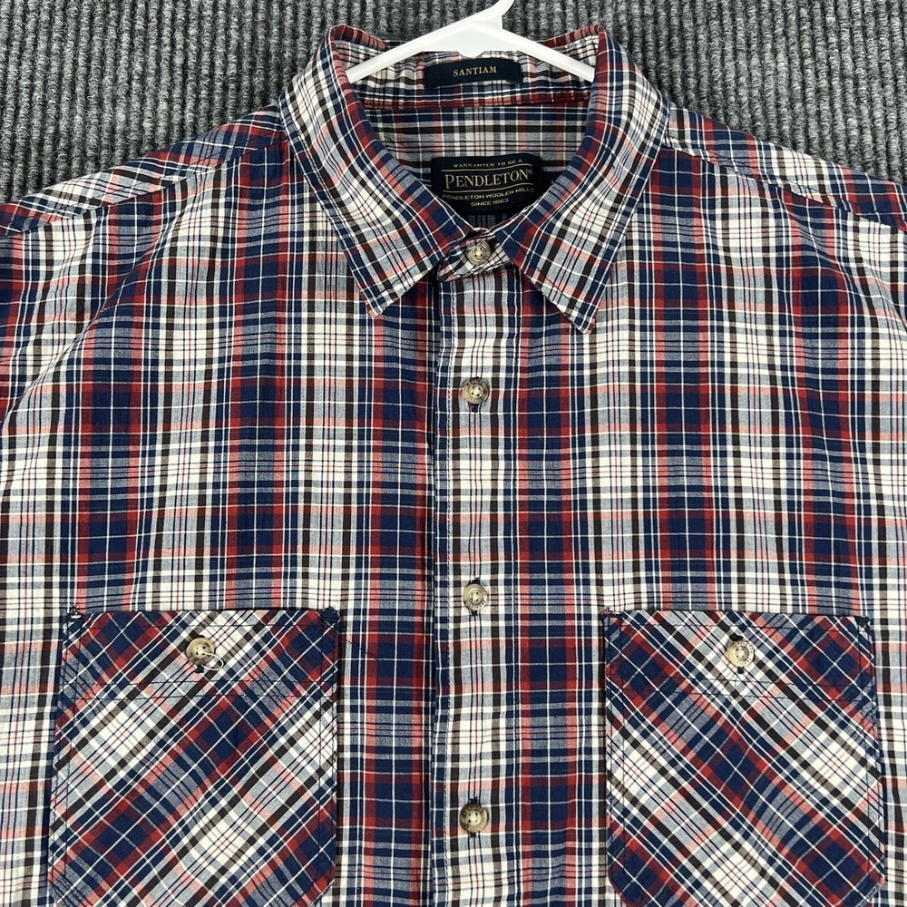 Pendleton Shirt Mens Large Santiam Red Blue Plaid Short Sleeve Button Up